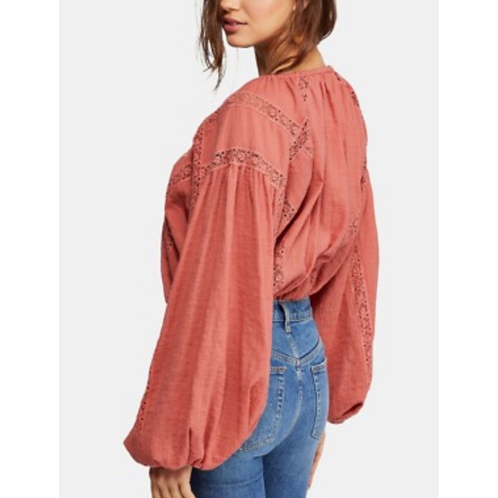 Free People Maria Maria Lace Embroidered Peasant Blouse S Terrocatta Oversized - Picture 2 of 11